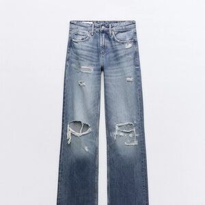 Zara Blue Straight Leg Jeans with Distressed Details
